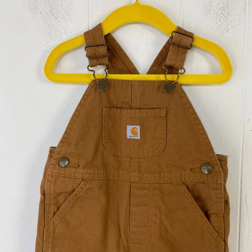 Carhartt Kids Flannel Lined Canvas Bib Overalls Brown Plaid Sz 18M